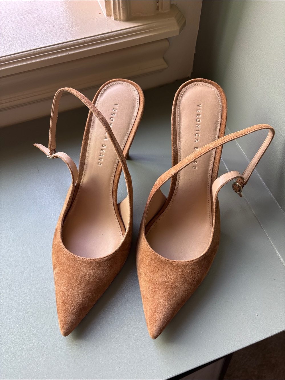 Veronica Beard Cognac Suede Pointed Slingback Heels